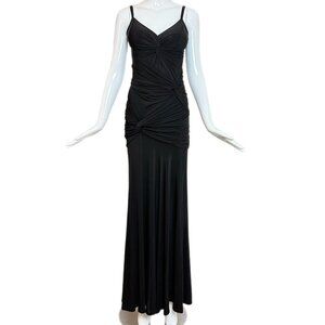 DONNA KARAN Vintage Black Ruched Knotted Evening Gown Maxi Dress